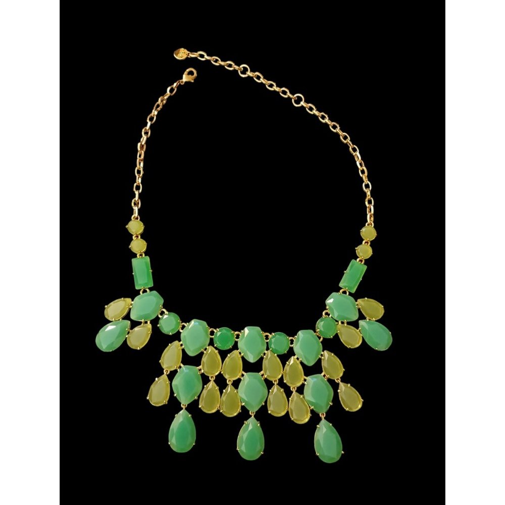 Stella & Dot Gold Tone Green Acrylic Stone Bib Dangle Statement Necklace 22"